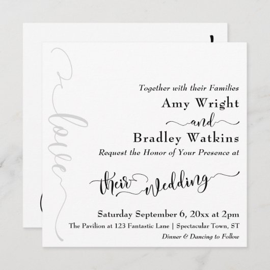 Subtile, elegante Typografie Black on White Weddin Einladung (Vorne/Hinten)