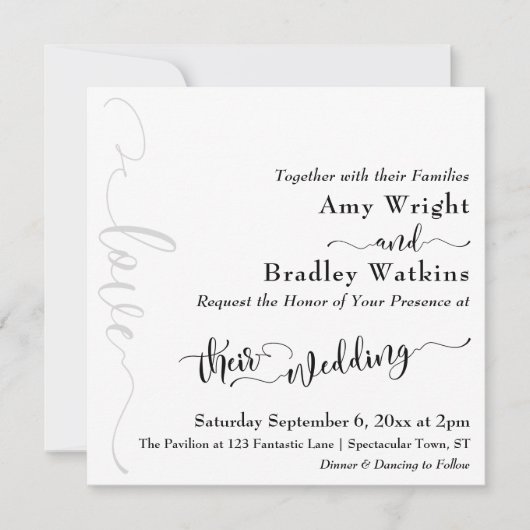 Subtile, elegante Typografie Black on White Weddin Einladung (Vorderseite)