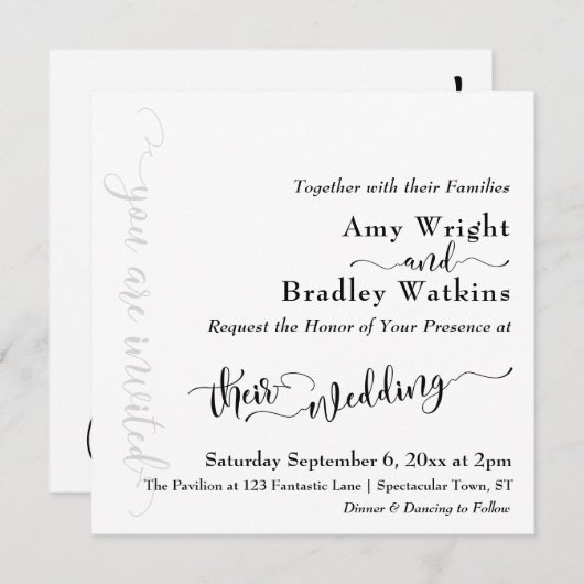 Subtile Elegante Typografie Black on White Wedding Einladung (Vorne/Hinten)