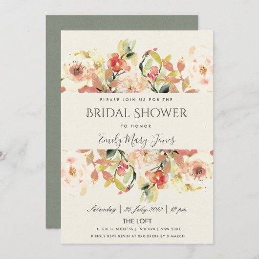 SUBTITEL PEACH PINK WASSERFARBENES BRAUTPARTY EINLADUNG (Vorne/Hinten)