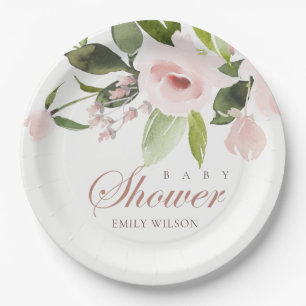 SUBTLE BLUSH PINK ROSE FLORAL BABY DUSCHE PAPPTELLER