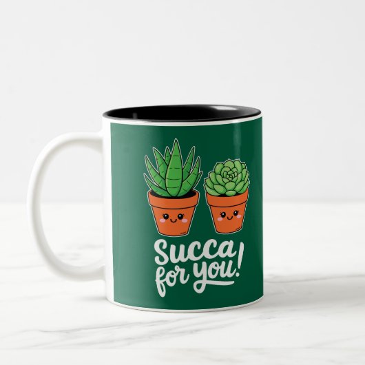 Succa For You – Cute Succulent Pun Zweifarbige Tasse (Links)