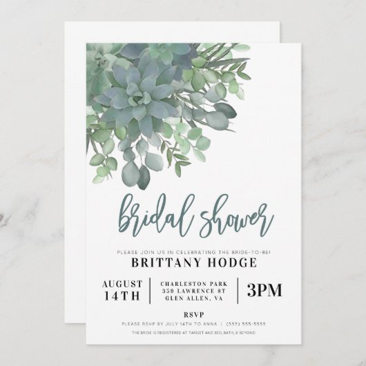 Succulent Bouquet Bridal Dusche Einladung (Vorne/Hinten)
