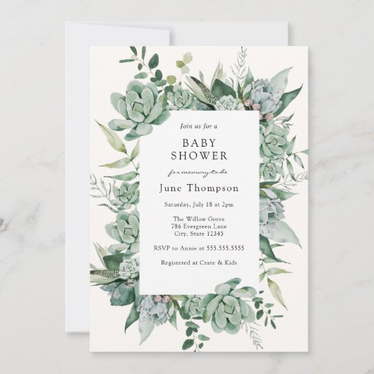 Succulent Eucalyptus Greenery Baby Shower Einladung (Vorderseite)