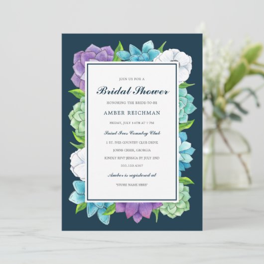 Succulent Florals Bridal Dusche Einladung | Dunkel (Stehend Vorderseite)