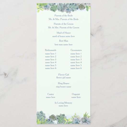 Succulent Garden Steel Blue Wedding Program Programm (Rückseite)