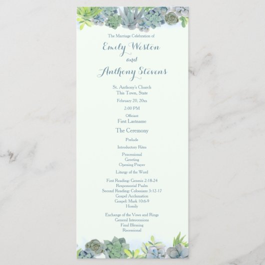 Succulent Garden Steel Blue Wedding Program Programm (Vorderseite)