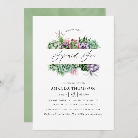 Succulent Geometric Baby Shower Side und siehe Einladung (Vorne/Hinten)
