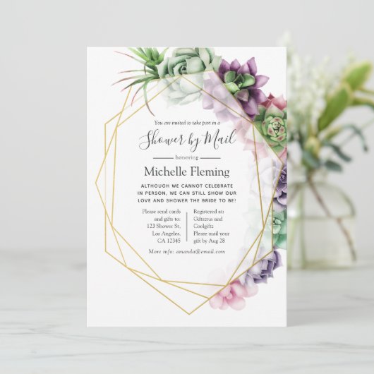 Succulent Geometric Bridal oder Baby Dusche per Ma Einladung (Stehend Vorderseite)