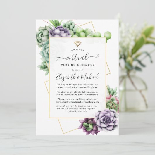 Succulent Geometric Online Virtual Wedding Einladung (Stehend Vorderseite)