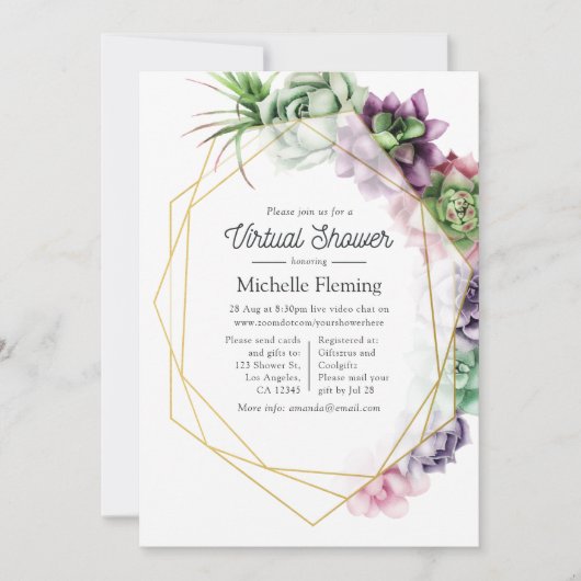 Succulent Geometric Virtual Baby Dusche Einladung (Vorderseite)