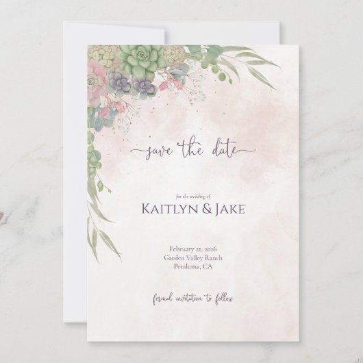 Succulent Green and Blush Save the Date (Vorderseite)