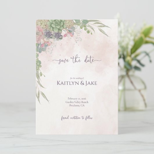 Succulent Green and Blush Save the Date (Stehend Vorderseite)