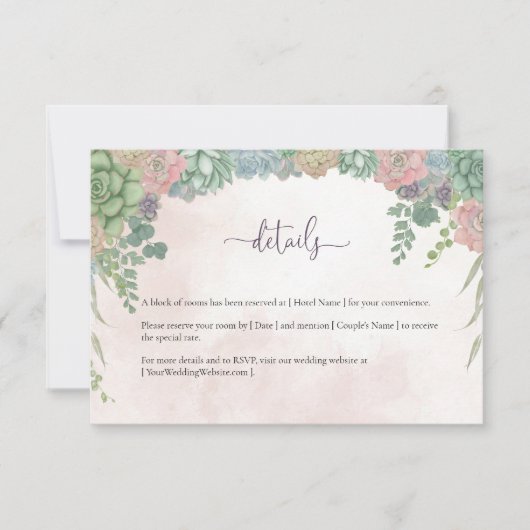 Succulent Green and Blush Wedding Details Card Dankeskarte (Vorderseite)