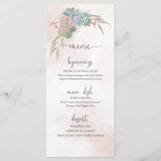 Succulent Green and Blush Wedding Menu Menükarte (Vorderseite)
