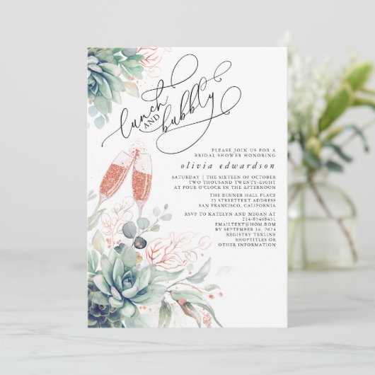 Succulent Greenerity Lunch und Bubbly Brautparty Einladung (Stehend Vorderseite)