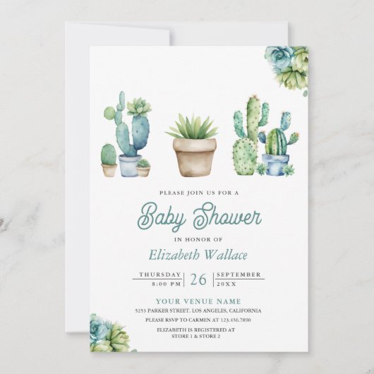 Succulent Greenery Cactus Pots Baby Shower Einladung (Vorderseite)