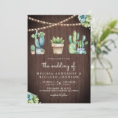 Succulent Greenery Cactus Pots Barn Wood Wedding Einladung (Stehend Vorderseite)