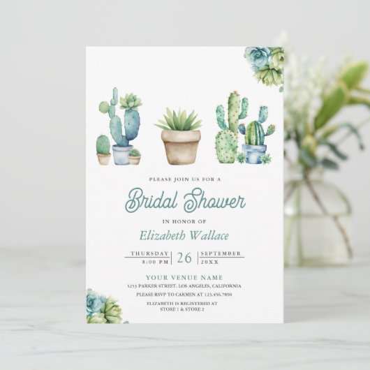 Succulent Greenery Cactus Pots Foto Brautparty Einladung (Stehend Vorderseite)
