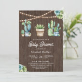 Succulent Greenery Cactus Pots Wood Baby Shower Einladung (Stehend Vorderseite)