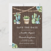 Succulent Greenery Cactus Pots Wood Foto Wedding Save The Date (Vorderseite)