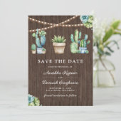 Succulent Greenery Cactus Pots Wood Foto Wedding Save The Date (Stehend Vorderseite)