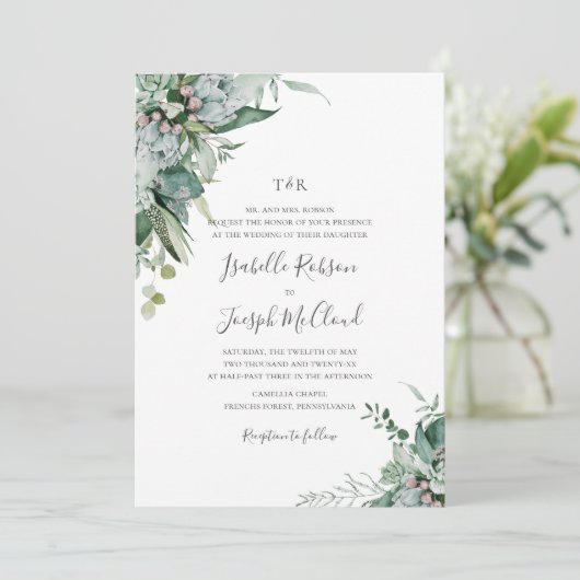 Succulent Greenery Sage Green Monogram Wedding Einladung (Stehend Vorderseite)