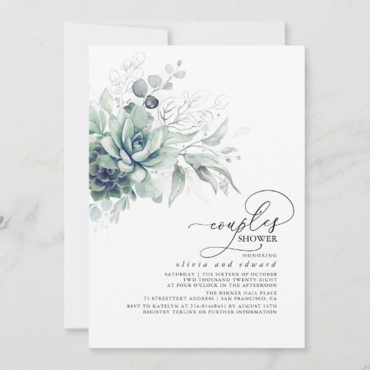 Succulent Greenery Silver Blätter Paare Dusche Einladung (Vorderseite)