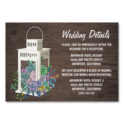 Succulent Lantern Wedding Reception Insert Cards Tischnummer (Vorderseite)