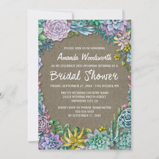 Succulent Rustic Burlap Bridal Dusche Einladungen (Vorderseite)