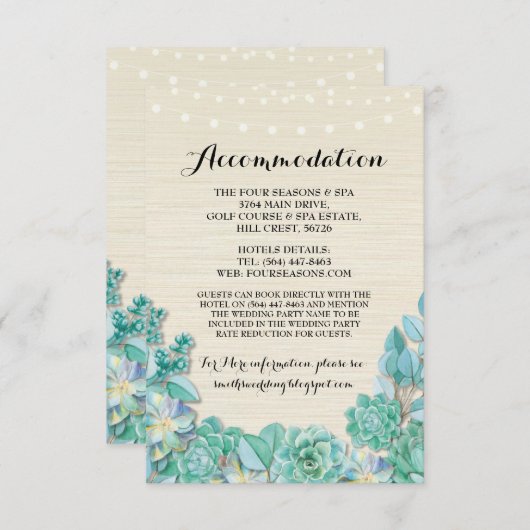 Succulents Accommodation Mint Wedding Cards Begleitkarte (Vorne/Hinten)