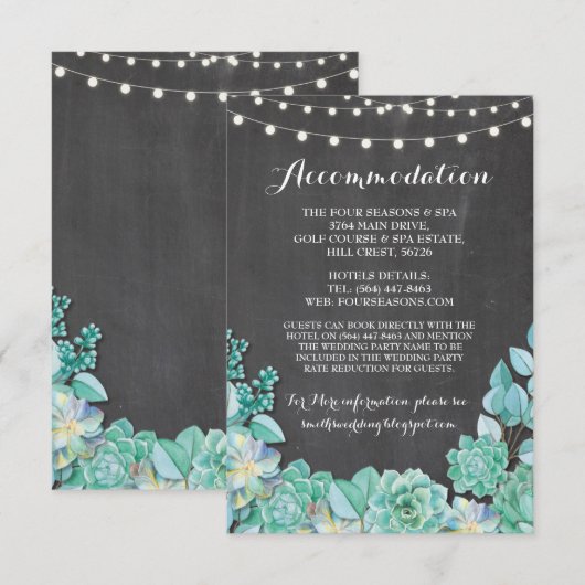 Succulents Accommodation Mint Wedding Chalk Begleitkarte (Vorne/Hinten)