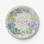 Succulents and Rustic Wood Wedding Wreath ID515 Pappteller (Vorderseite)