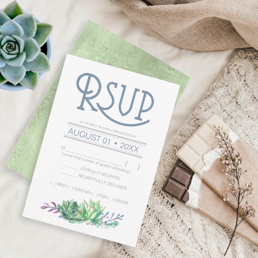 Succulents and Sparkle Wedding RSVP Green ID515 Karte