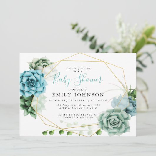 Succulents Baby Dusche Einladung (Stehend Vorderseite)