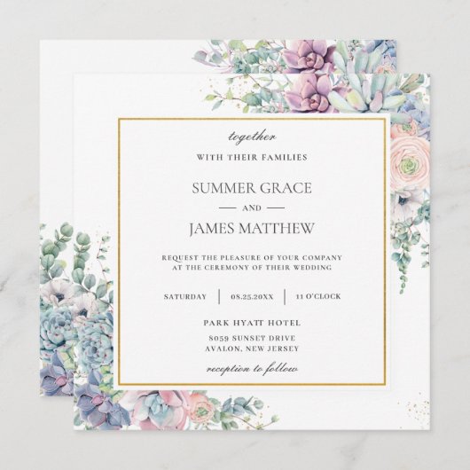 Succulents Blush Blumengrün Hochzeitsplatz Einladung (Vorne/Hinten)