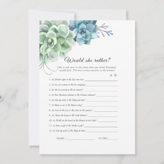 Succulents Brautparty Game Einladung (Rückseite)