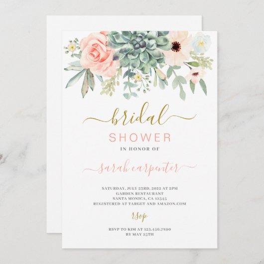 Succulents Bridal Dusche Einladung (Vorne/Hinten)