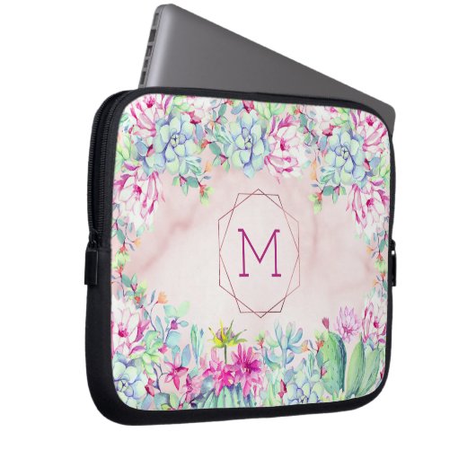 Succulents Cactus Geometric Blush Marble Monogram Laptopschutzhülle (Vorne Rechts)