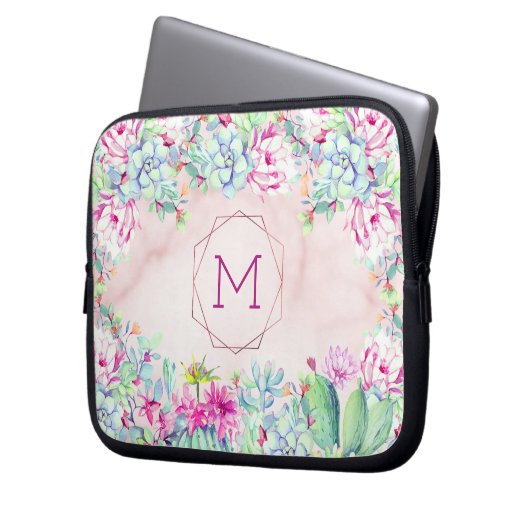 Succulents Cactus Geometric Blush Marble Monogram Laptopschutzhülle (Vorderseite Links)