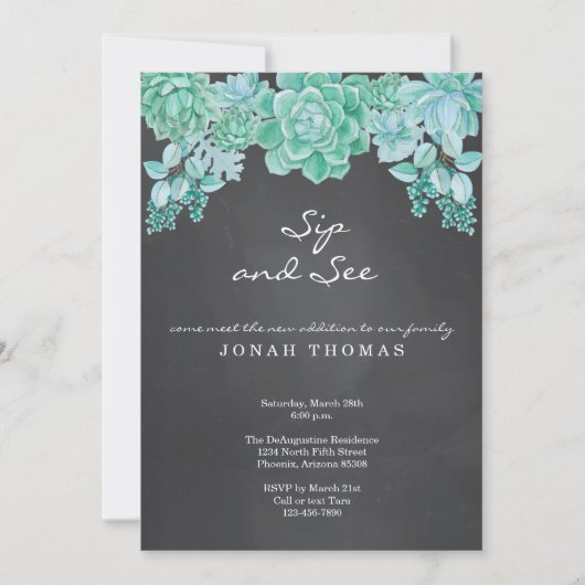 Succulents Chalkboard Sip and See - Gender Neutral Einladung (Vorderseite)