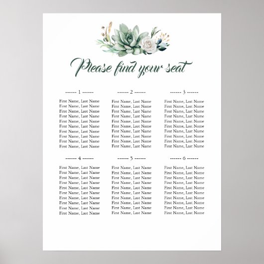 Succulents Elegante Hochzeitssessendiagramme Poster (Vorne)