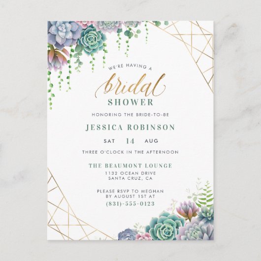 Succulents Gold Frame & Chic Script Brautparty Einladungspostkarte (Vorderseite)
