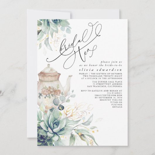 Succulents Gold Greenery Brautparty Tea Party Einladung (Vorderseite)