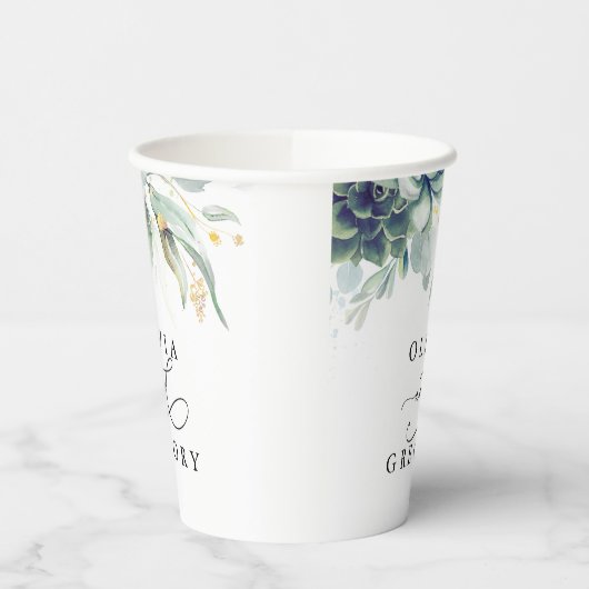 Succulents Gold Greenery Elegante Moderne Hochzeit Pappbecher (Links)