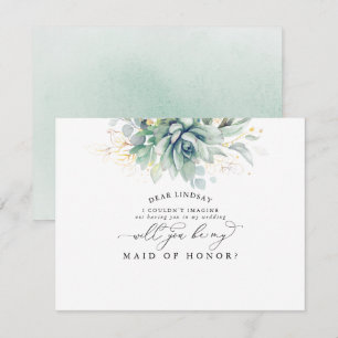 Succulents Green Gold Leaf Bridesmaid Vorschlag Einladung
