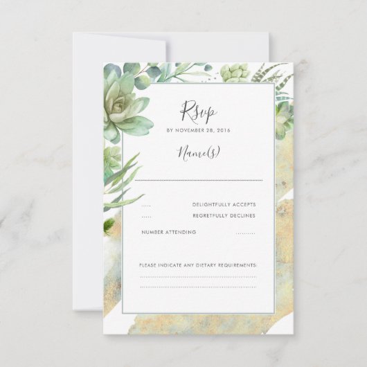 Succulents Green Gold Moderne Wedding RSVP Karte (Vorderseite)