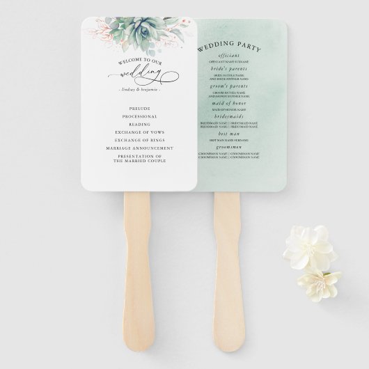 Succulents Green Wedding Program Hand Fan Fächer (Vorne und Hinten)