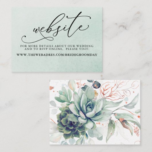 Succulents Green Wedding Website Card Visitenkarte (Vorne/Hinten)