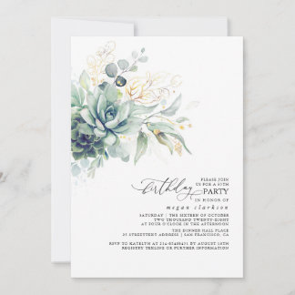 Succulents Greenerge Gold Blätter Boho Birthday Einladung